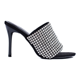 Eleganckie klapki z cyrkoniami na obcasie Shelovet czarne