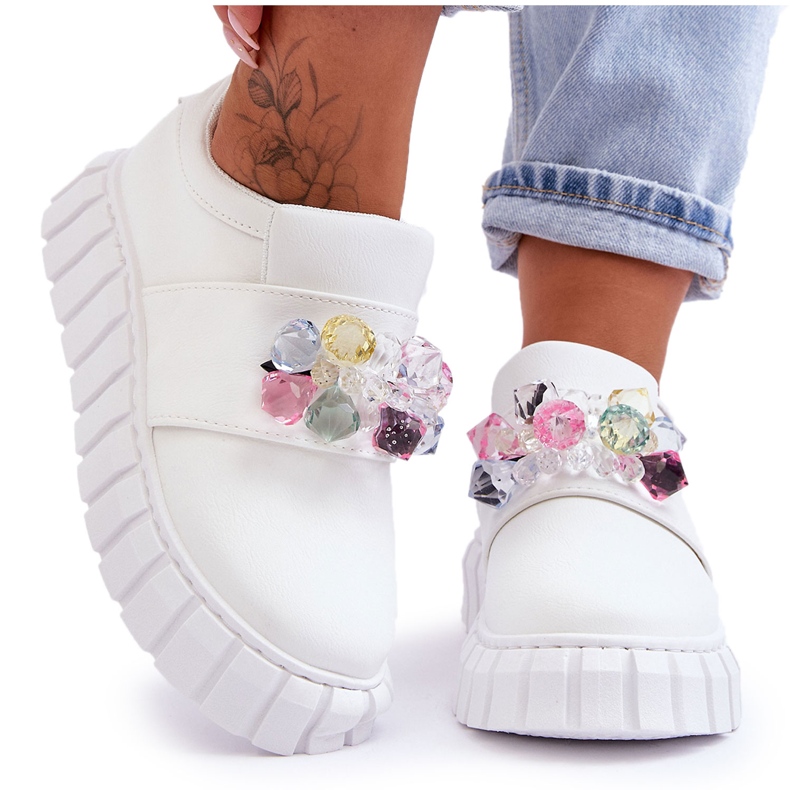 PS1 Modne Wsuwane Buty Sportowe Półbuty Z Ozdobą Białe Desire