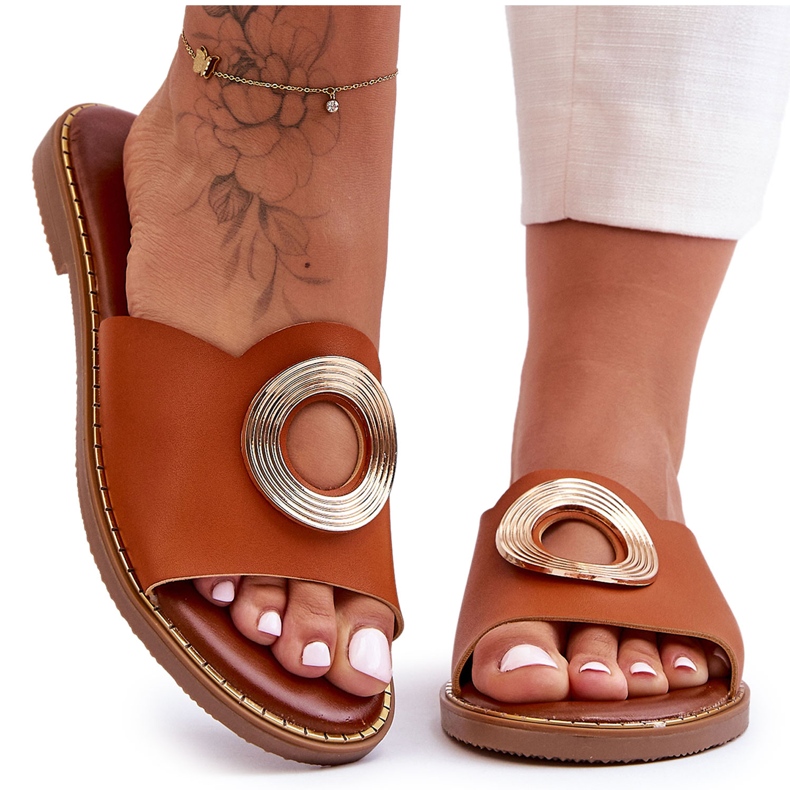 Klapki Damskie Z Okrągłą Ozdobą Camel Donatell brązowe