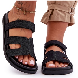 Materiałowe Damskie Klapki Na Rzep Czarne Jose