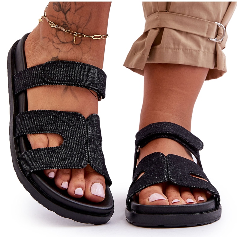 Materiałowe Damskie Klapki Na Rzep Czarne Jose