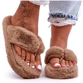 Damskie Futrzane Klapki Papcie Brązowe Elma