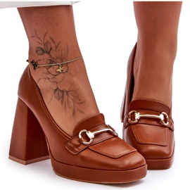 Modne Skórzane Czółenka Camel Rouse brązowe