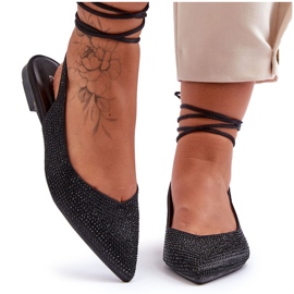 Wiązane Damskie Baleriny Zdobione Ćwiekami Czarne Jange