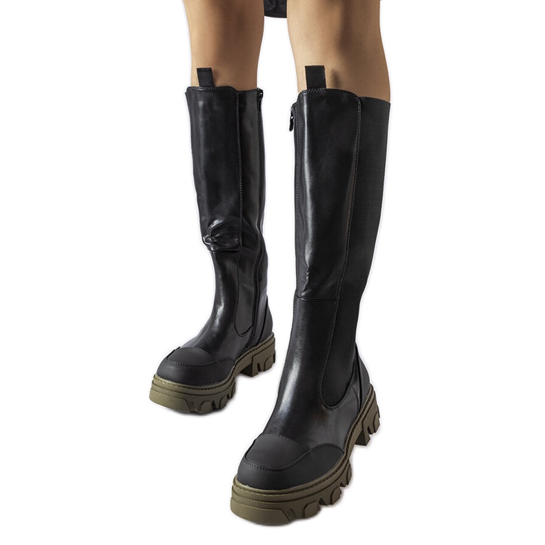 Czarno-zielone wysokie kozaki Pasquale czarne