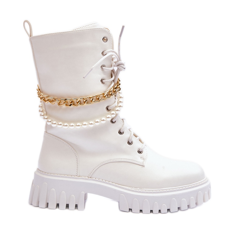 Skórzane Wysokie Workery Z Łańcuszkiem Białe Nameer