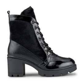 Modne botki damskie z ozdobnego materiału czarne