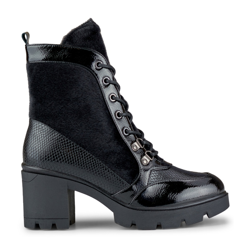 Modne botki damskie z ozdobnego materiału czarne