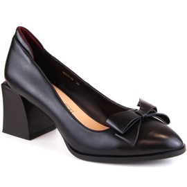 Półbuty damskie na obcasie z kokardką czarne D&A S.Barski Premium Collection MR870-48