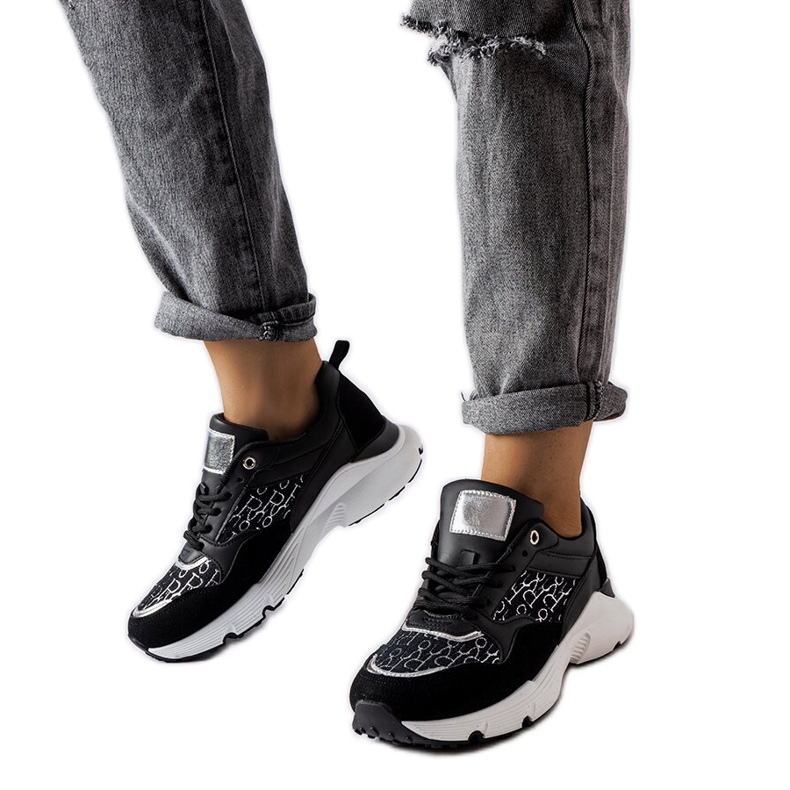 Czarne sneakersy ze srebrnym zdobieniem Rio białe