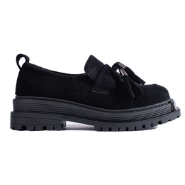 Czarne zamszowe mokasyny z frędzlami loafersy Shelovet