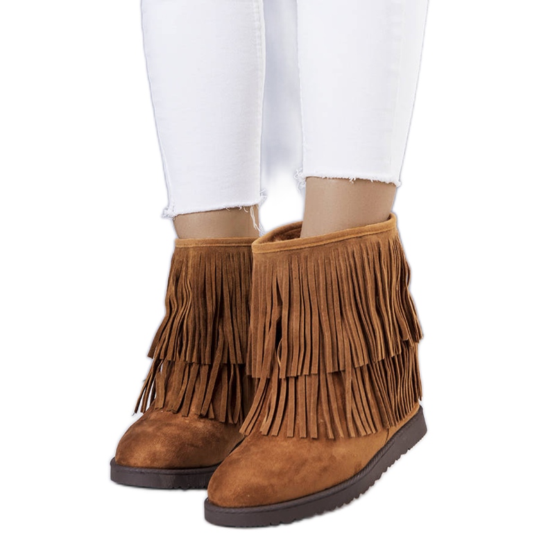 Brązowe botki na koturnie z frędzelkami Rivière