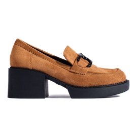 Camelowe zamszowe półbuty damskie na obcasie Shelovet brązowe