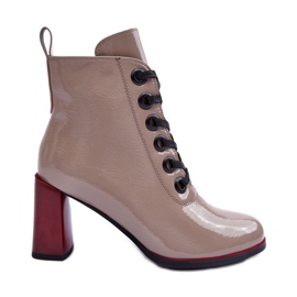 Lakierowane Sznurowane Botki Na Słupku S.Barski MR870-15 Ciemnobeżowe beżowy