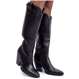 Skórzane Kozaki Kowbojki Na Słupku Czarne Solera