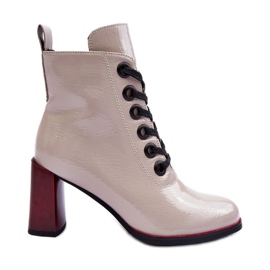 Lakierowane Sznurowane Botki Na Słupku S.Barski MR870-15 Jasnoszare