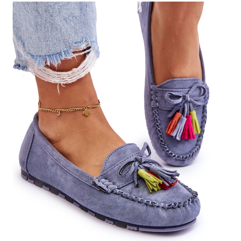 Zamszowe Mokasyny Z Kokardą I Frędzlami Niebieskie