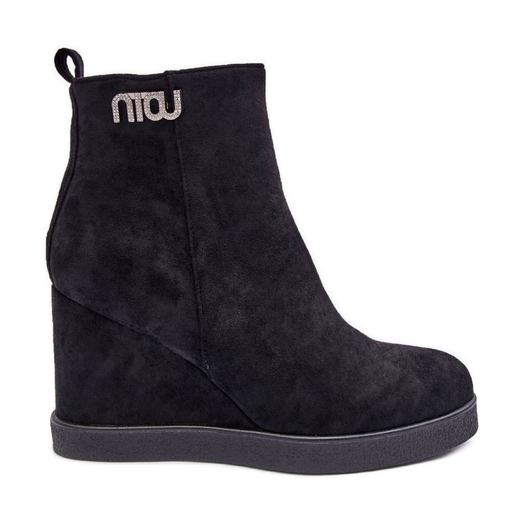 PS1 Zamszowe Ocieplane Botki Na Koturnie Z Ozdobą Czarne Vere