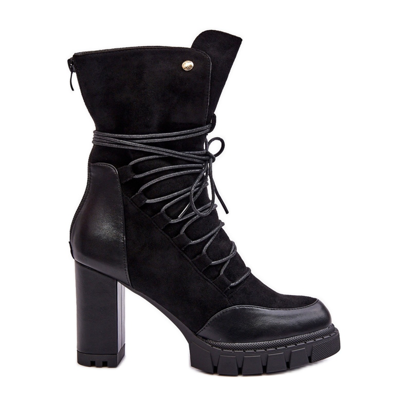 Damskie Botki Na Słupku Z Wiązaniem Czarne Artie