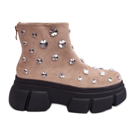 S.Barski Zamszowe Ocieplane Botki Z Kryształkami D&A MR870-83 Beżowe beżowy