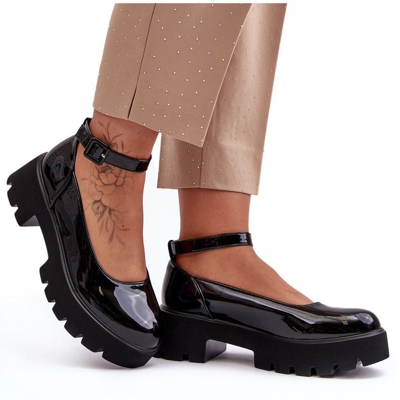 WS1 Damskie Lakierowane Półbuty Na Niskim Obcasie Z Klamrą Czarne Owena