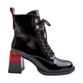 S.Barski Lakierowane Botki Na Słupku Sznurowane D&A MR870-06 Czarne