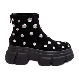 S.Barski Zamszowe Ocieplane Botki Z Kryształkami D&A MR870-83 Czarne