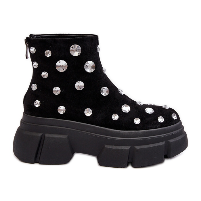 S.Barski Zamszowe Ocieplane Botki Z Kryształkami D&A MR870-83 Czarne