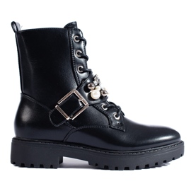 Czarne workery damskie z perełkami Shelovet