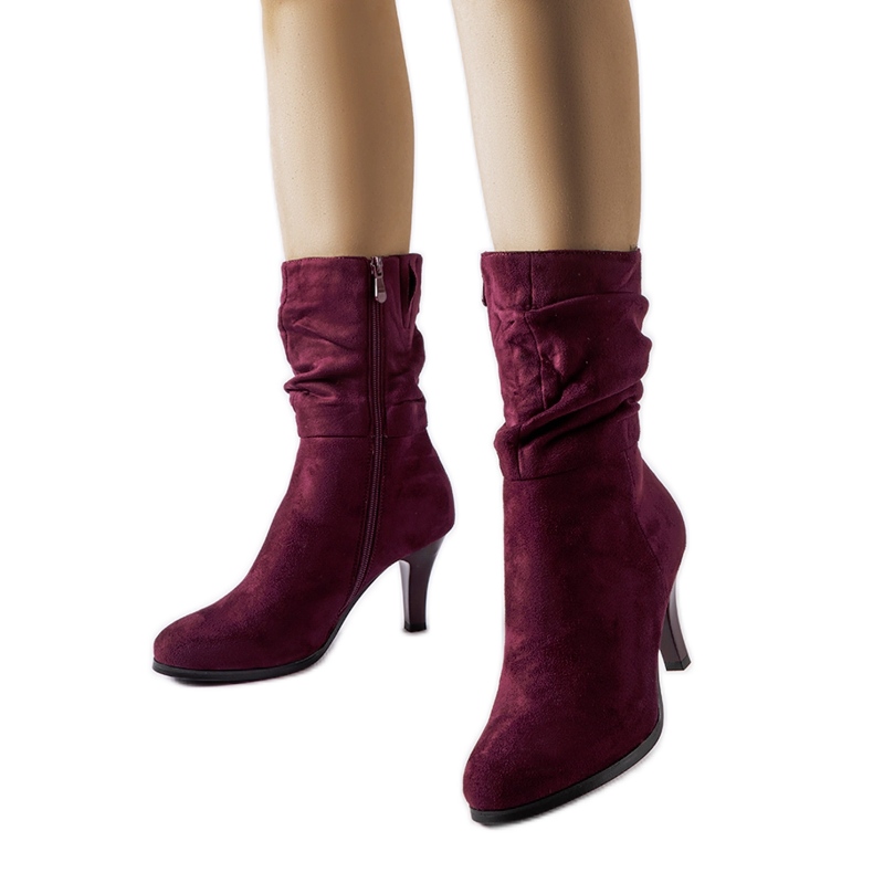 Bordowe ocieplane botki eko-zamsz szpilka Sant czerwone