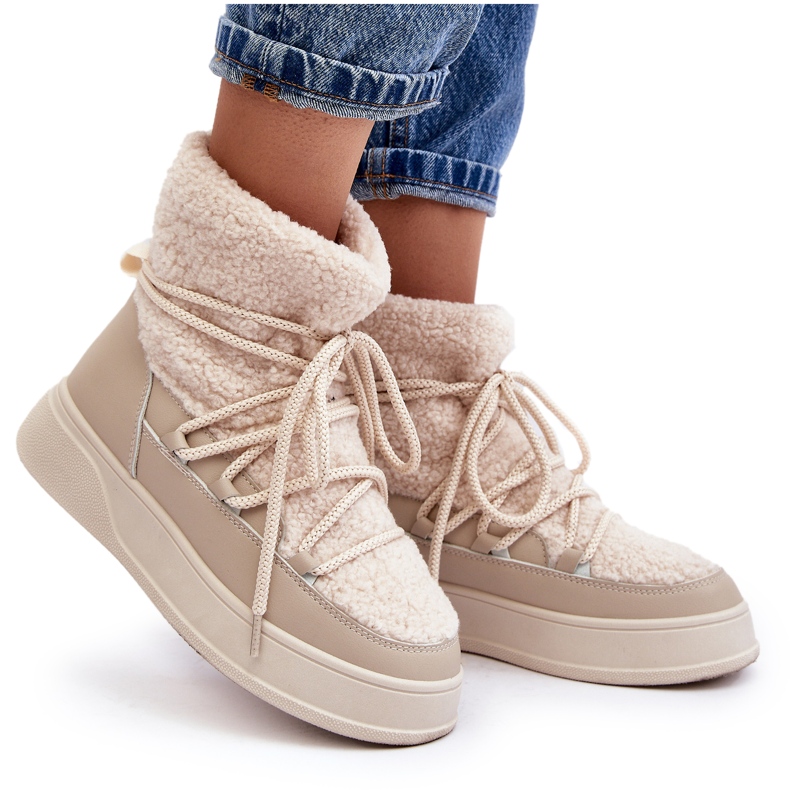 FG2 Damskie Śniegowce Na Platformie Jasnobeżowe Ahatissa beżowy