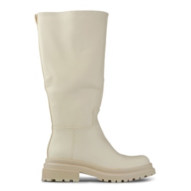 Beżowe kozaki z szeroką cholewką z ekoskóry beżowy