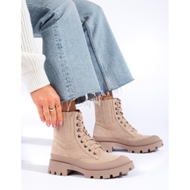 SHELOVET Beżowe wiązane zamszowe botki beżowy