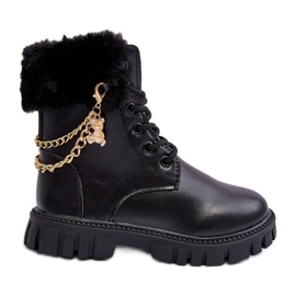 Skórzane Ocieplane Botki Dziecięce Z Łańcuchem Czarne Cadia