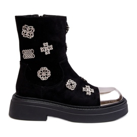 S.Barski Zamszowe Ocieplane Botki Z Ozdobami D&A MR870-14 Czarne