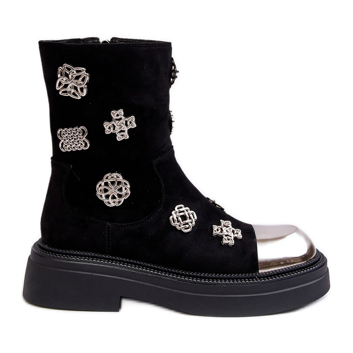 S.Barski Zamszowe Ocieplane Botki Z Ozdobami D&A MR870-14 Czarne