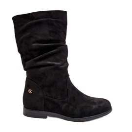 Botki Damskie Na Płaskim Obcasie Z Marszczoną Cholewką Czarne Kotine