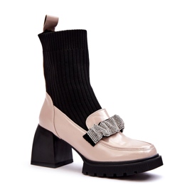 Botki damskie ze skarpetą ozdobione cyrkoniami beżowe S.Barski MR870-41 beżowy