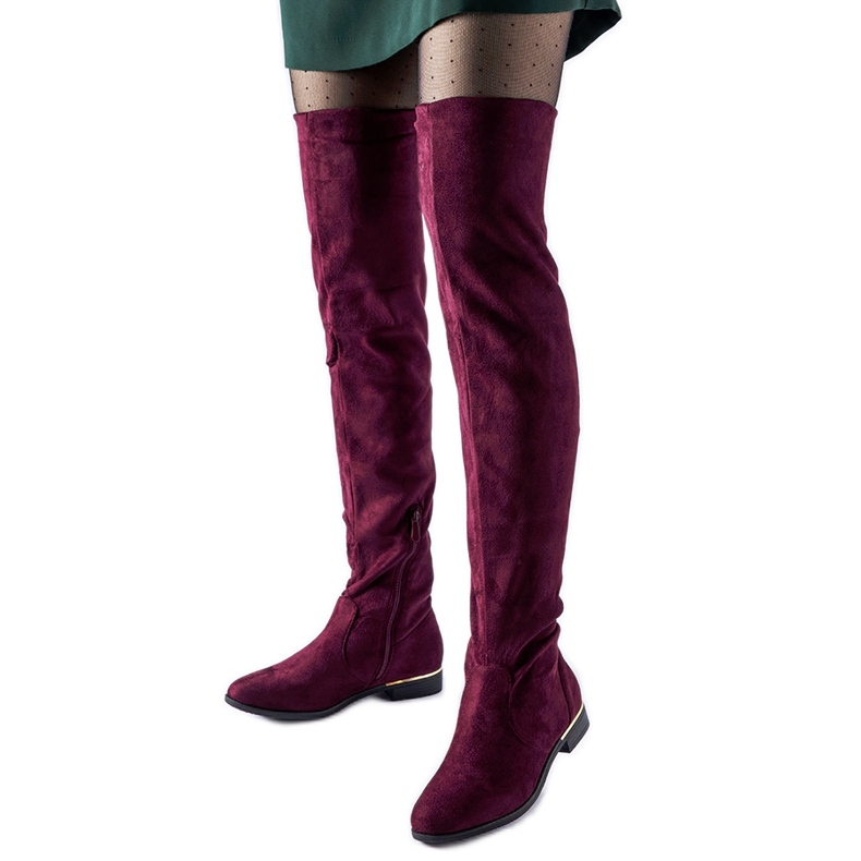 Długie bordowe ciepłe kozaki eko-zamsz Elwira czerwone