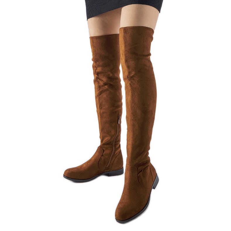 Długie brązowe ciepłe kozaki eko-zamsz Scandale