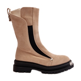 Zamszowe Ocieplane Botki Na Płaskim Obcasie Beżowe Palimra beżowy