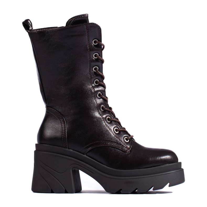 Brązowe sznurowane workery na obcasie Daszyński