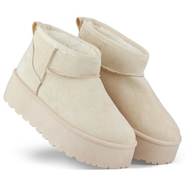 Beżowe botki śniegowce damskie na platformie beżowy