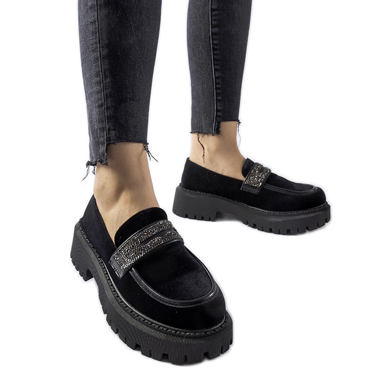 Czarne mokasyny zdobione cyrkoniami Longuelo