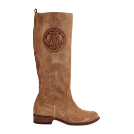 Zazoo 3367 Zamszowe Kozaki Damskie Przed Kolano Beżowe beżowy