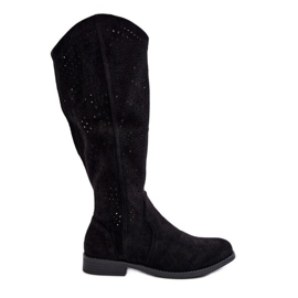 S.barski HY66-150 Ażurowe Kozaki Na Płaskim Obcasie Czarne