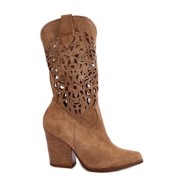 Zazoo 3414 Damskie Ażurowe Botki Na Słupku Zamszowe Beżowe beżowy