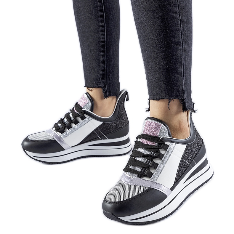 Czarne brokatowe sneakersy na platformie Marce