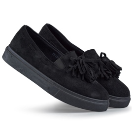 Czarne półbuty damskie z frędzlami mokasyny czarne z frędzlami