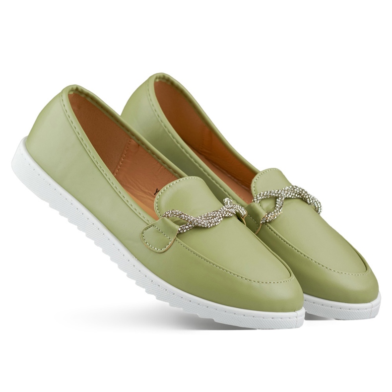 Wygodne mokasyny damskie z cyrkoniami zielone